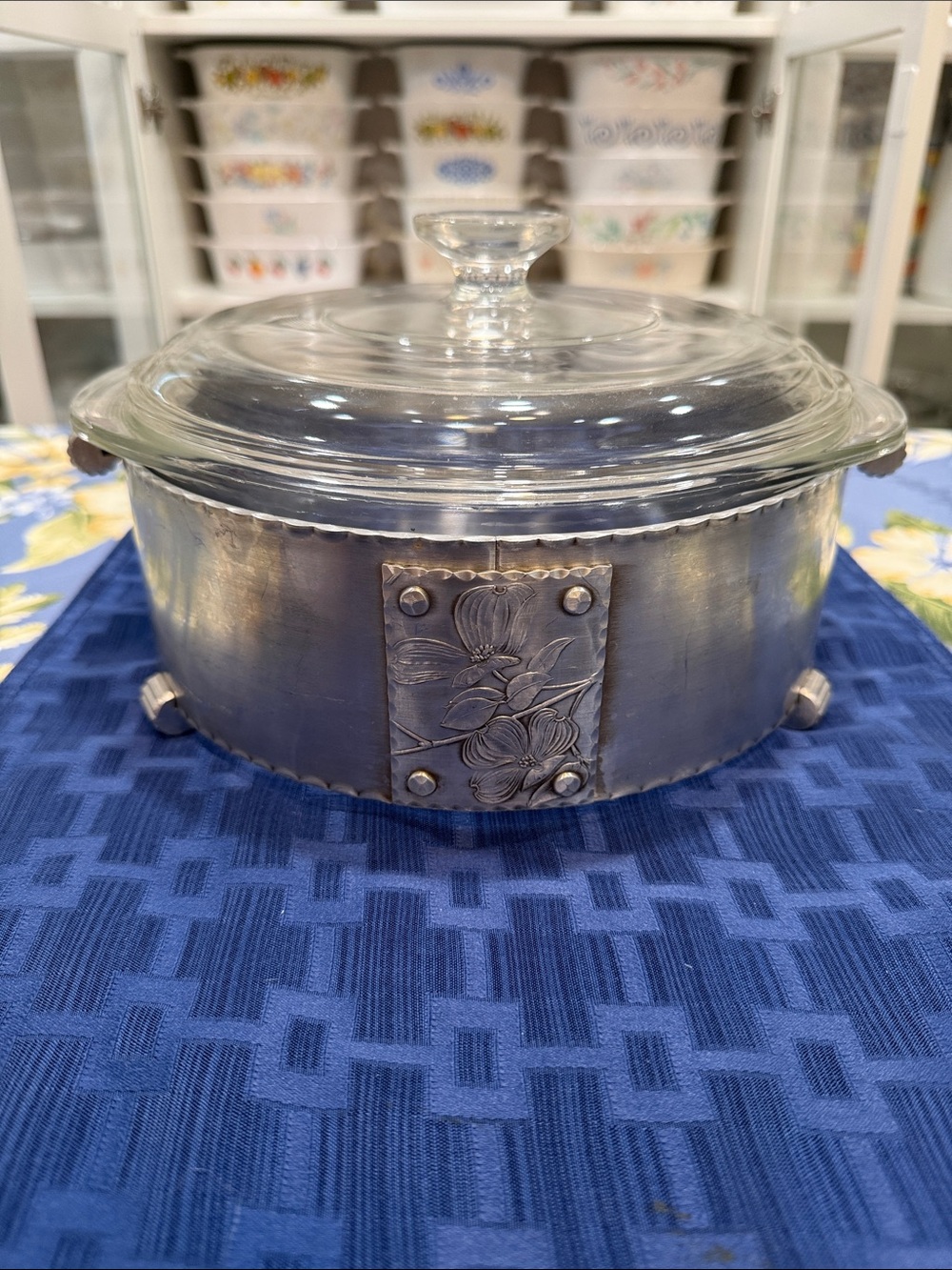 Pyrex Glass Lid Casserole with Silver Floral Band
